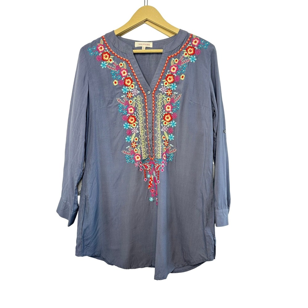 Solitaire Womens Blue Embroidered Floral‎ Rayon Tunic Blouse M